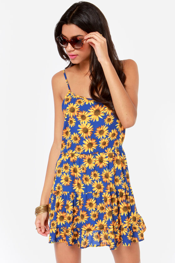 Cute Sunflower Dress Blue Dress Babydoll Dress 49.00