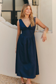 Lettie Navy Poplin Plunge Neck Midi Dress 1