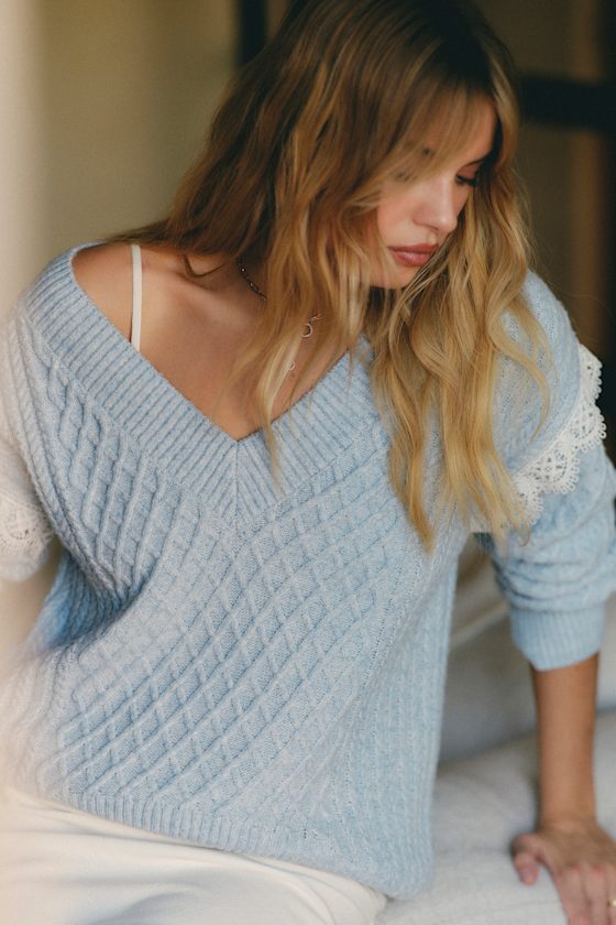 Bobbie Light Blue Marled Cable Knit Sweater 1