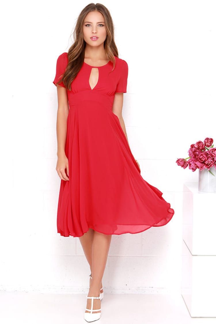lulus red dress midi So Elevated Red Floral Jacquard Tie-Strap High-Low Midi Dress