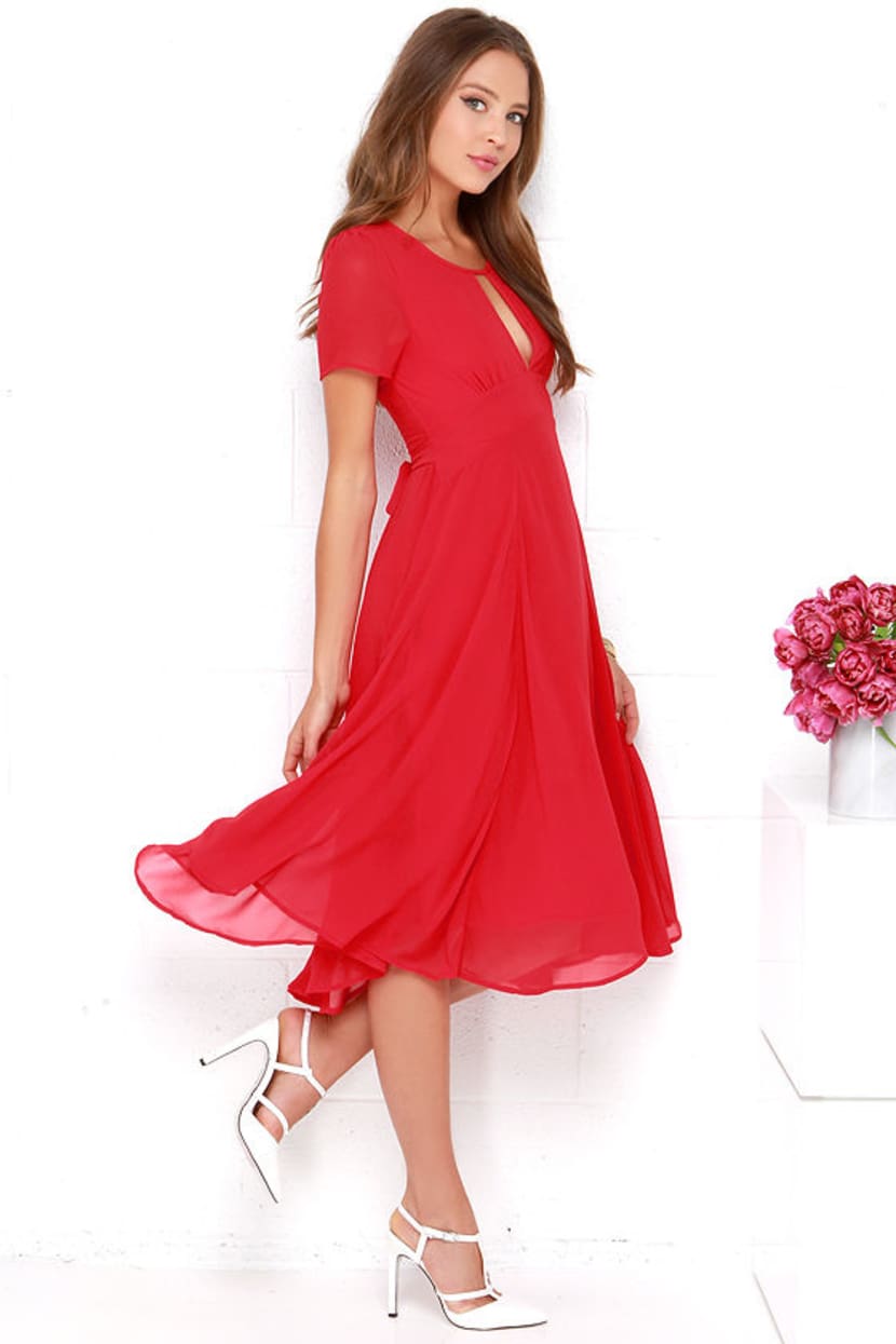 lulus red midi dress Red Poplin Plunge Neck Midi Dress | Womens | Small (Available in XXS, XS, M, L, XL) | 100% Cotton