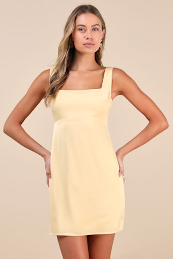 Truly the Cutest Light Yellow Satin Square Neck Mini Dress 1