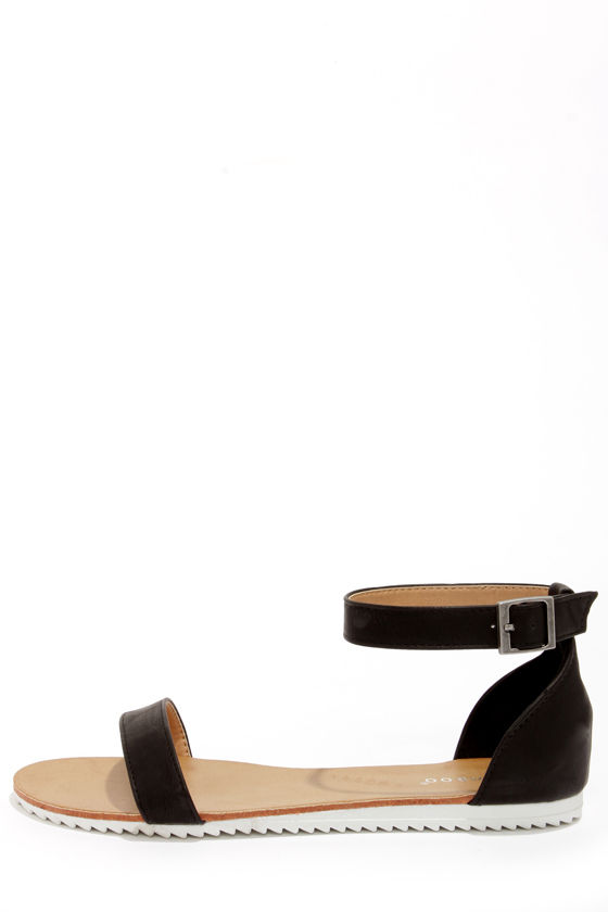 Buy > flat black ankle strap sandals > in stock