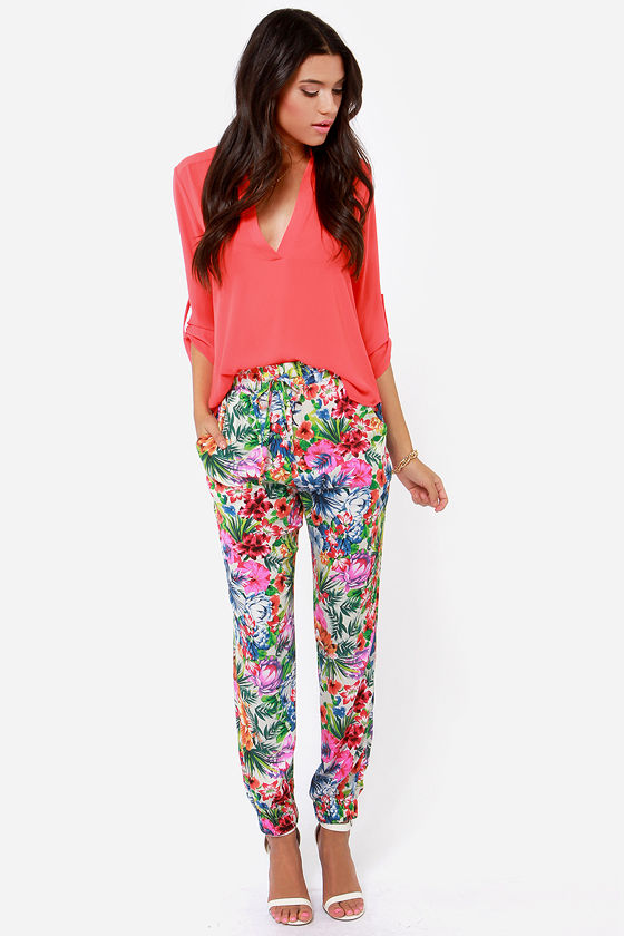Cool Floral Print Pants - Tropical Print Pants - Slouch Pants - Joggers ...