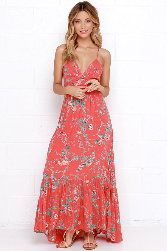 Billabong Dream Escape Maxi Dress - Floral Print Dress - Coral Red ...