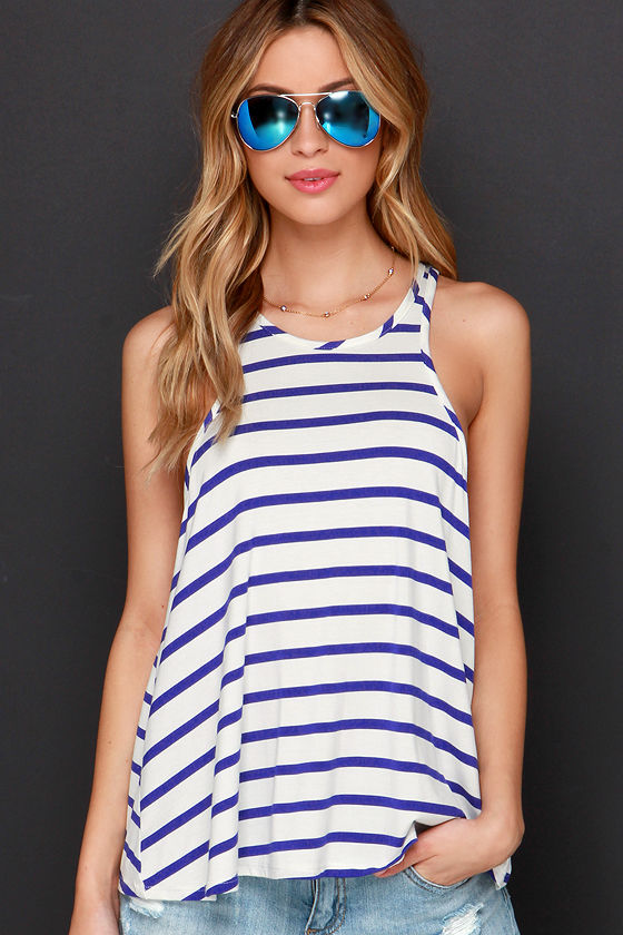 Dee Elle Chipper Chap Royal Blue and Ivory Striped Tank Top