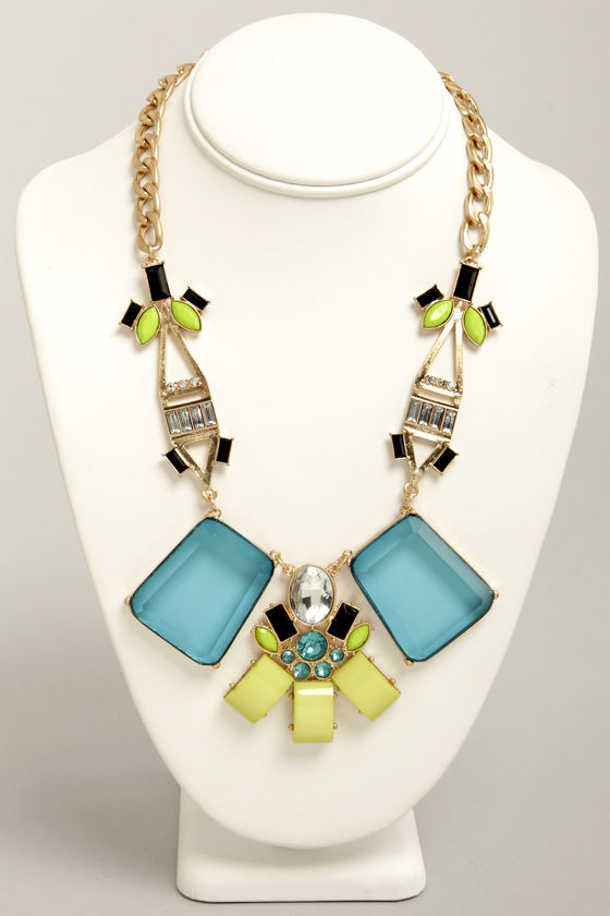 Pretty Blue Necklace Statement Necklace Gold Necklace 26.00 Lulus