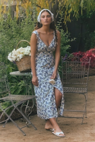 Fenley Ivory and Blue Ivory Floral Button-Front Midi Dress 1