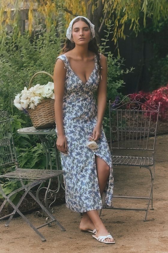 Fenley Ivory and Blue Ivory Floral Button-Front Midi Dress 1