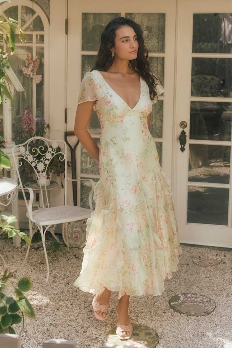green emerald velvet dress Luna Metallic Rose Gold Lace Frill Midi Dress main image 1