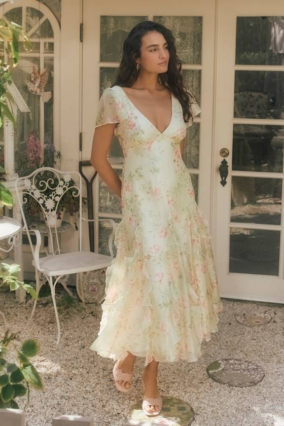 Deluca Light Green Floral Ruffled Midi Dress 1