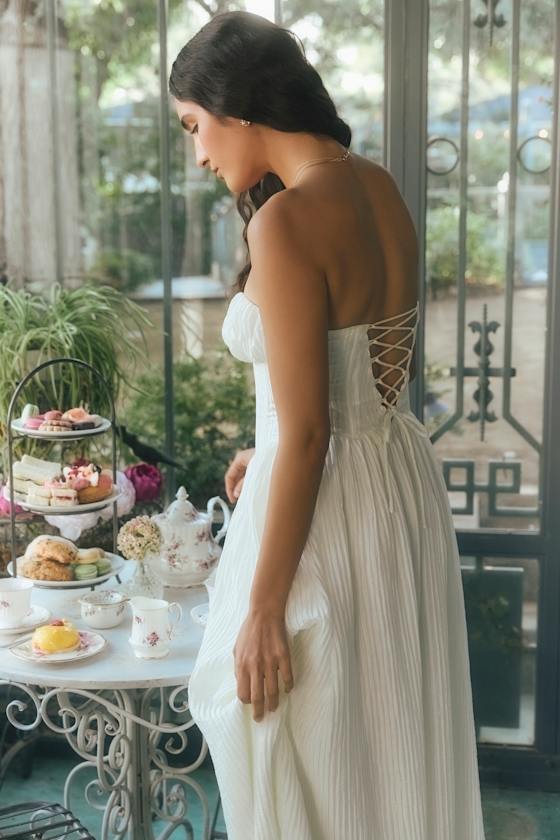 Aspen Ivory Plisse Strapless Bustier Midi Dress 7
