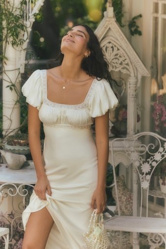 Catherine Ivory Satin Puff Sleeve Slip Midi Dress 6