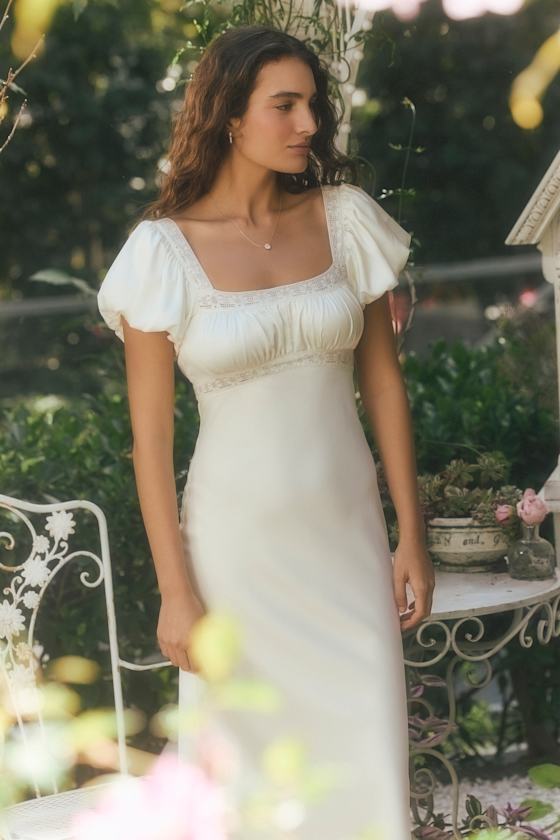 Catherine Ivory Satin Puff Sleeve Slip Midi Dress 7
