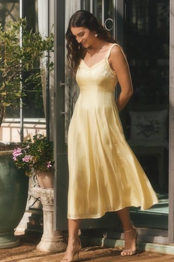 Marlana Light Yellow Sleeveless Ruffled Midi Dress 1