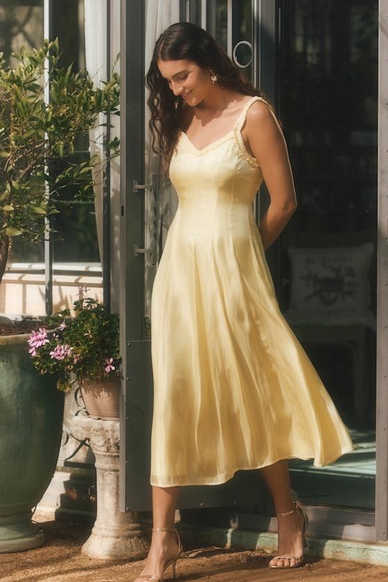 Marlana Light Yellow Sleeveless Ruffled Midi Dress 1