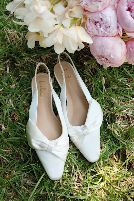 Kyleigh White Satin Bow Slingback Flats 8