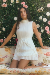 Alvana White Plisse Mock Neck Ruffled Mini Dress 1