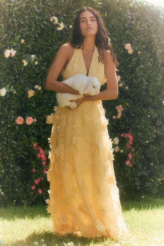 Image of Kennia Light Yellow 3D Floral Embroidered Halter Maxi Dress