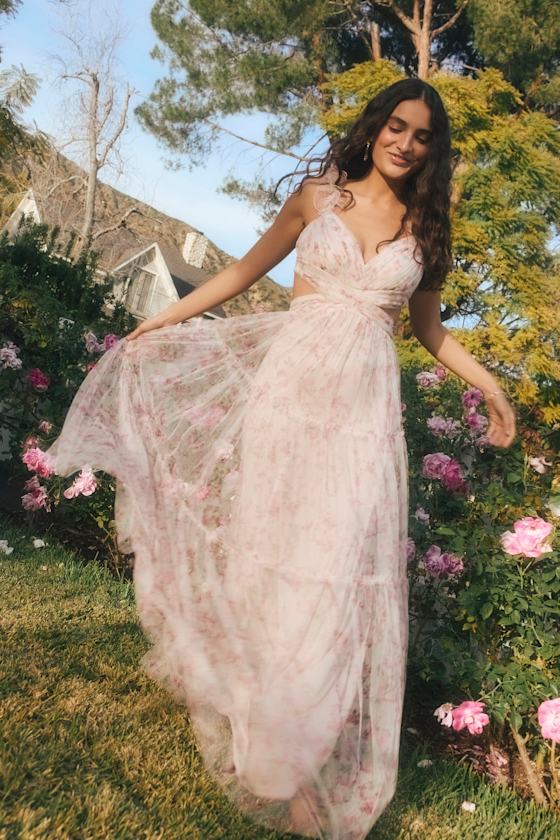 Image of Ethereal Love Blush Floral Pleated Tiered Tie-Back Maxi Dress