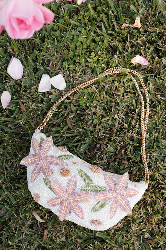 Lulus Eira White Multi Beaded Floral Shoulder Bag