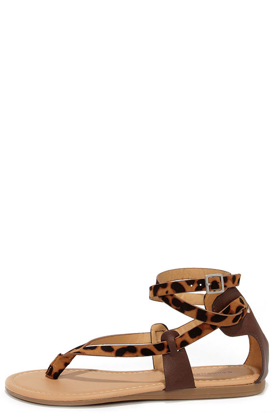 leopard print t strap sandals