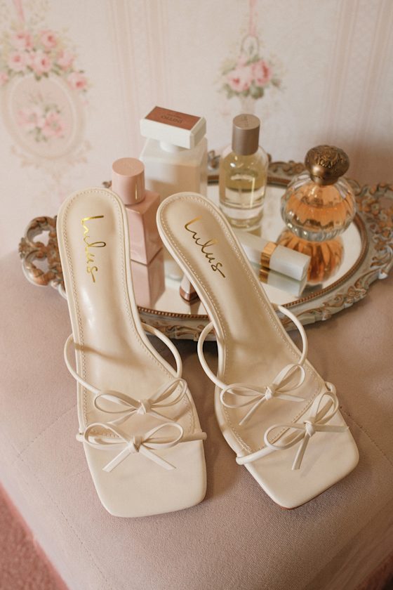 Serinda White Strappy Bow High Heel Slide Sandals 1