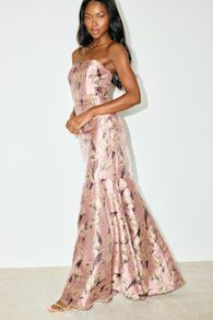 Gowning Around Mauve Floral Jacquard Strapless Maxi Dress 6