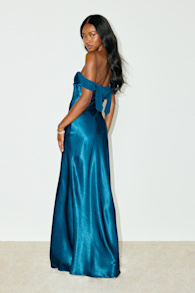 Alaida Teal Blue Satin Off-the-Shoulder Maxi Dress 1