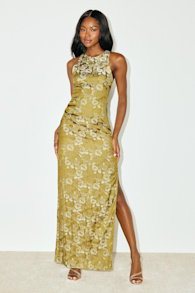 Lamila Chartreuse Floral Satin Column Maxi Dress 1