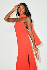Rawya Red Orange Strapless Maxi Dress and Scarf Set 1