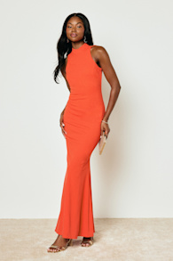 Damaris Bright Orange Mock Neck Backless Maxi Dress 1