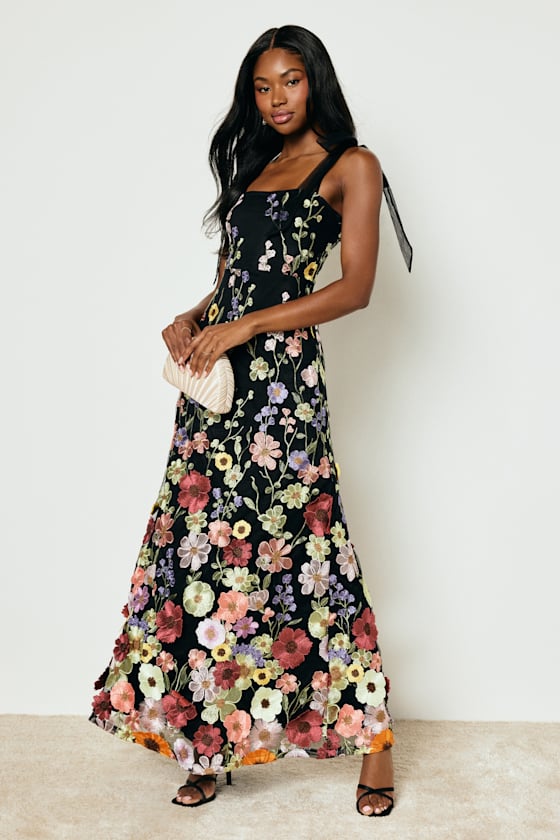 Image of Thriving Poise Black 3D Floral Embroidered Tie-Strap Maxi Dress