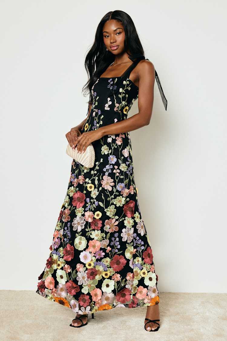 knee length dresses for ladies Black Floral Applique Maxi Dress | Purple Door Boutique main image 1