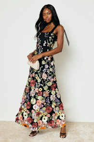 Thriving Poise Black 3D Floral Embroidered Tie-Strap Maxi Dress 1