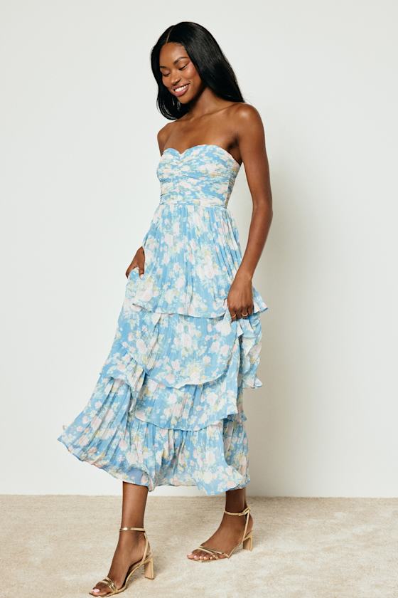 Blue Floral Dress - Pleated Maxi Dress- Strapless Tiered Dress - Lulus