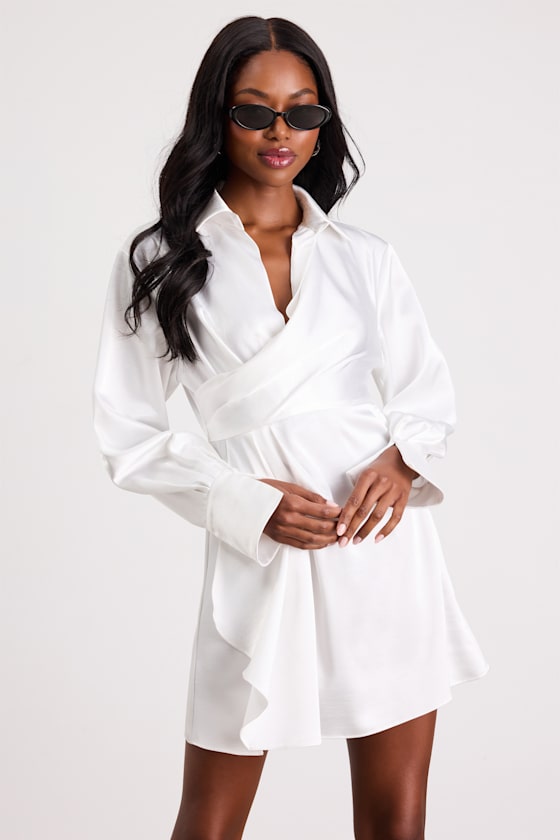 Rumaria White Satin Faux-Wrap Mini Dress 5