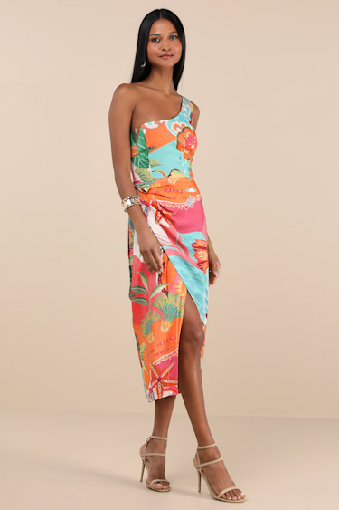 Blue Multi Tropical Print Wrap Midi Dress | Womens | Small (Available in XS, M, L, XL) | 100% Cotton | Lulus Blue Multi Tropical Print Wrap Midi Dress | Womens | Small (Available in XS, M, L, XL) | 100% Cotton | Lulus