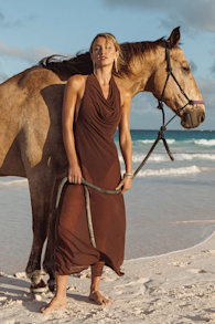Tahani Brown Mesh Cowl Maxi Swim Cover-Up 1