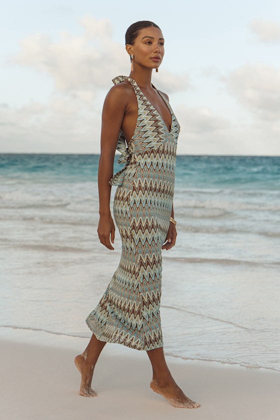 Lulus | Turquoise and Brown Crochet Halter Midi Dress | Womens | X-Small (Available in XL) | 100% Polyester