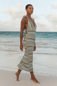 Majesty Turquoise and Brown Crochet Halter Midi Dress 1