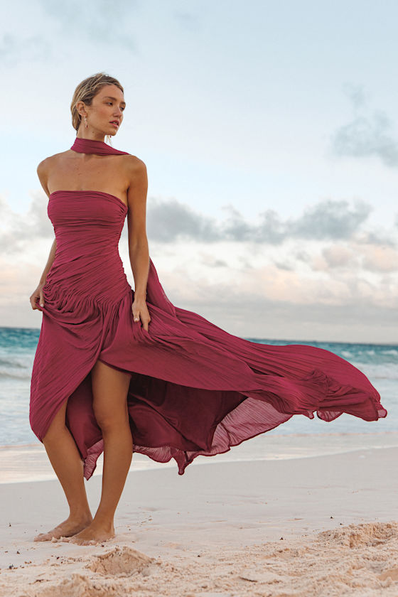 Nellie Berry Pink Pleated Maxi Dress and Scarf Set 1