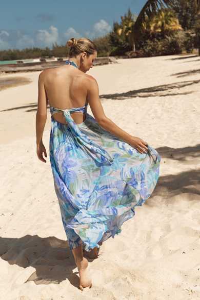 open lace back dress Halter Neck Maxi Dress Light Blue Backless with High Slit | Plunging V-Neck Formal  Gown | Flowy A-Line Evening Prom Wedding Guest Dress main image 0
