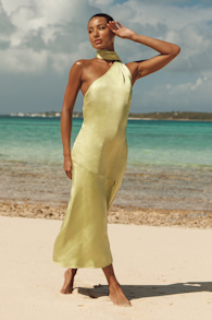 Reglan Lime Satin One-Shoulder Sash Midi Dress 1