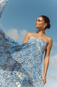 Lynwen Blue Abstract Pleated Strapless Maxi Dress 1