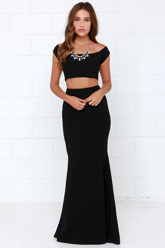 Black Two-Piece Dress - Black Maxi Dress - Off-the-Shoulder Dress