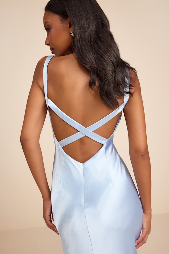 Perfectly Classy Light Blue Satin Strappy Maxi Dress 9