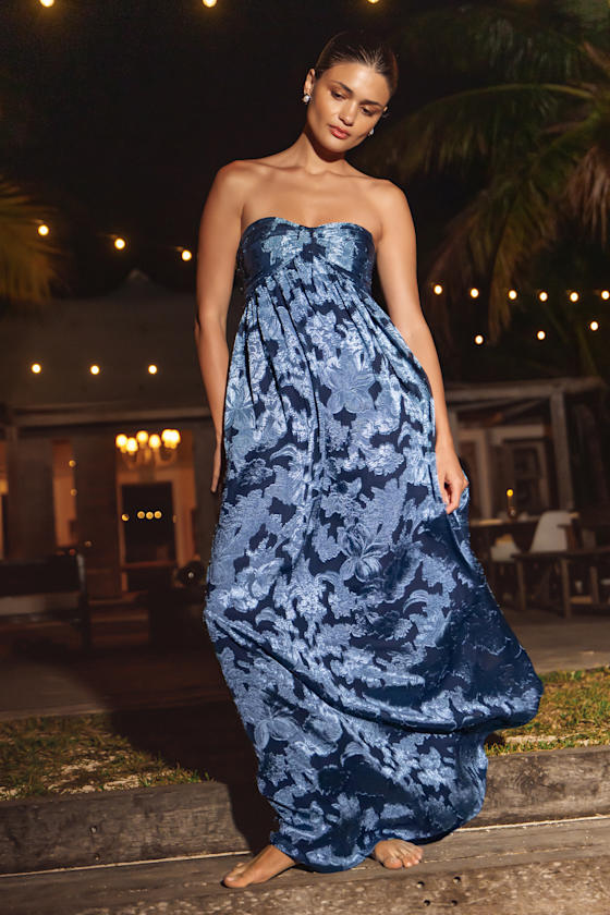 Danalia Navy Floral Burnout Strapless Maxi Dress 1