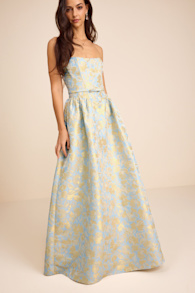 Bradshaw Light Blue and Yellow Floral Jacquard Maxi Dress 7