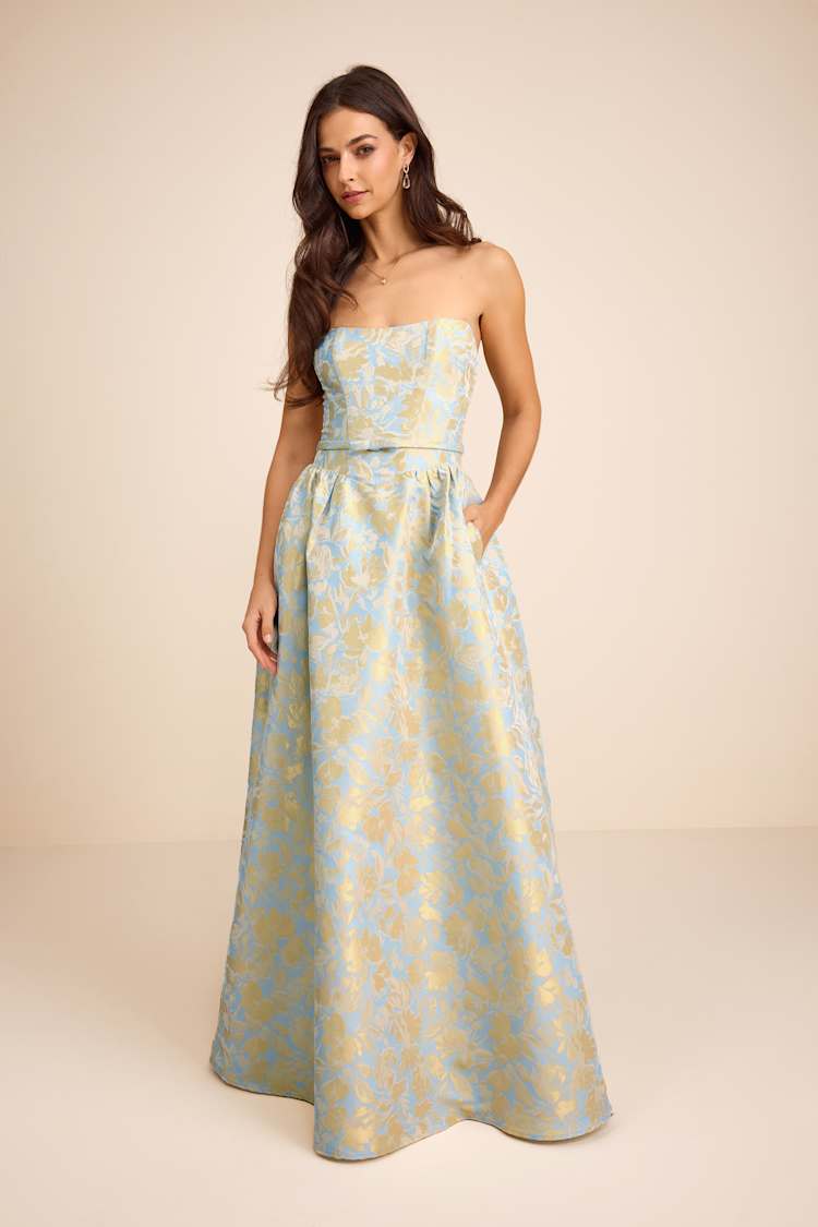navy blue dress for baby girl Light Blue & Yellow Gown - Floral Jacquard Gown - Strapless Gown
